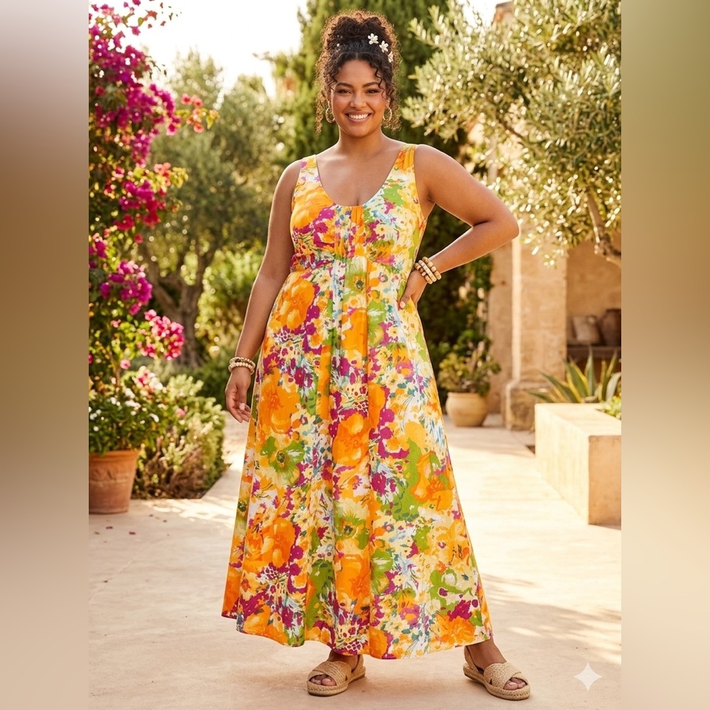 Anthony Richards Orange Multi Floral Scoop-Neck Maxi Dress